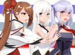  3girls azur_lane bangs bare_shoulders black_neckwear blush breasts brown_hair cleavage closed_mouth collared_shirt enterprise_(azur_lane) essex_(azur_lane) eyebrows_visible_through_hair hair_ornament hands_on_another&#039;s_shoulders heart heart_hair_ornament highres himono_hinata japanese_clothes long_hair looking_at_another multicolored multicolored_background multiple_girls necktie open_mouth ponytail purple_hair red_neckwear shirt smile striped striped_background twintails violet_eyes white_hair white_shirt yellow_eyes zuikaku_(azur_lane) 