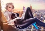  1girl ballet_slippers blonde_hair blue_eyes bodysuit breasts cellphone cityscape clouds cloudy_sky commentary english_commentary exlic gwen_stacy hood hood_down looking_at_viewer marvel medium_breasts outdoors phone short_hair silk skin_tight sky skyline smile solo spider-gwen spider-man spider-man:_into_the_spider-verse spider-man_(series) spider_web spider_web_print superhero 