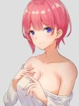 1girl bangs bare_shoulders blue_eyes blush breasts cleavage closed_mouth collarbone commentary_request eyebrows_visible_through_hair gatling033 go-toubun_no_hanayome grey_background hand_on_own_chest highres long_sleeves medium_breasts nakano_ichika off-shoulder_shirt off_shoulder pink_hair shirt short_hair simple_background smile solo upper_body white_shirt 