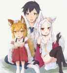  1boy 2girls :d animal_ear_fluff animal_ears bangs bare_shoulders black_gloves black_legwear blonde_hair blue_neckwear blue_pants blush brown_eyes character_request collarbone collared_shirt commentary dress elbow_gloves english_commentary eyebrows_visible_through_hair fang fingernails forehead fox_ears fox_girl fox_tail gloves hair_between_eyes hakama hands_on_own_knees highres hikari_niji japanese_clothes kimono knees_up legs_crossed long_hair multiple_girls necktie no_shoes nose_blush open_mouth pants parted_bangs petting red_eyes red_hakama senko_(sewayaki_kitsune_no_senko-san) sewayaki_kitsune_no_senko-san shiro_(sewayaki_kitsune_no_senko-san) shirt smile socks strapless strapless_dress tail thigh-highs very_long_hair white_dress white_hair white_kimono white_legwear white_shirt yellow_eyes 