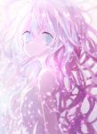  1girl bangs blue_eyes blue_hair cherry_blossoms dress expressionless from_side highlights koneko_mari long_hair looking_at_viewer looking_back multicolored_hair original pale_color pink_hair pink_theme solo symbol_commentary upper_body wavy_hair white_dress 