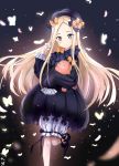  1girl abigail_williams_(fate/grand_order) absurdres bangs black_bow black_dress black_footwear black_headwear blonde_hair blue_eyes blush bow bug butterfly commentary_request dot_nose dress fate/grand_order fate_(series) hair_bow hat highres holding insect long_hair long_sleeves looking_at_viewer nine_points object_hug orange_bow parted_bangs polka_dot polka_dot_bow shoes solo star stuffed_animal stuffed_toy teddy_bear very_long_hair 