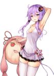  1girl :o ahoge arm_behind_head arm_up armpits bangs bare_arms bare_shoulders blush breasts cleavage collarbone commentary_request cowboy_shot dress eyebrows_visible_through_hair flower hair_ornament holding kotonoha_akane open_mouth pillow pink_flower purple_dress purple_hair se-u-ra short_dress short_hair_with_long_locks sidelocks simple_background skindentation sleeveless sleeveless_dress small_breasts solo thigh-highs violet_eyes vocaloid voiceroid white_background white_legwear yuzuki_yukari zettai_ryouiki 