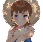  1girl bangs bare_arms bare_shoulders blush brown_hair camisole closed_mouth collarbone digimon digimon_tamers hano_ka hat highres makino_ruki ponytail shadow solo spaghetti_strap straw_hat sun_hat violet_eyes 