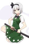  1girl bangs black_bow black_hairband black_neckwear black_ribbon bow bowtie breasts commentary_request eyebrows_visible_through_hair green_skirt green_vest grey_eyes hair_ribbon hairband highres hitodama holding holding_sword holding_weapon katana konpaku_youmu konpaku_youmu_(ghost) leon_(mikiri_hassha) looking_at_viewer one_knee petticoat ribbon scabbard sheath shirt short_hair short_sleeves silver_hair simple_background skirt skirt_set small_breasts smile solo sword touhou unsheathing vest weapon white_background white_shirt 