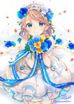  1girl blue_eyes blue_flower blue_ribbon blush bouquet bow brown_hair commentary_request dress earrings flower gem group_name hair_flower hair_ornament highres holding holding_bouquet jewelry looking_at_viewer love_live! love_live!_sunshine!! peke_(xoxopeke) petals ribbon rose short_hair signature smile solo sparkle striped striped_ribbon tiara twitter_username watanabe_you wedding_dress white_bow white_dress white_flower white_rose yellow_flower 