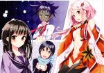  1boy 3girls :d argyle argyle_background black_eyes black_hair black_legwear black_neckwear blue_scarf blush breasts brown_eyes candy card cleavage collarbone d.gray-man dark_skin detached_sleeves dress_shirt food guilty_crown hair_between_eyes hair_ornament hair_over_shoulder hairclip highres holding holding_card iki_hiyori leotard lollipop long_hair looking_at_viewer medium_breasts midriff multiple_girls navel noragami open_mouth pink_hair purple_hair purple_sailor_collar purple_shirt red_eyes red_leotard red_sleeves revealing_clothes road_kamelot sailor_collar sakuragi_ren scarf school_uniform serafuku shiny shiny_hair shirt short_hair smile spiky_hair stomach tongue tongue_out twintails white_shirt wide_sleeves yato_(noragami) yellow_eyes yuzuriha_inori 