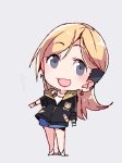  1girl :3 :d black_eyes black_jacket blonde_hair blue_shorts chibi ear_piercing earrings fujimoto_rina full_body grey_background idolmaster idolmaster_cinderella_girls jacket jewelry leaning_to_the_side long_hair looking_at_viewer off_shoulder open_mouth piercing short_shorts short_sleeves shorts simple_background smile solo standing taneda_yuuta undercut white_footwear 