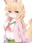  1girl animal_ear_fluff animal_ears bangs blush breasts closed_mouth commentary_request eyebrows_visible_through_hair fox_ears fox_girl fox_tail green_eyes green_sailor_collar green_skirt hair_between_eyes highres large_breasts light_brown_hair long_hair long_sleeves midriff_peek mofuaki navel neckerchief original pleated_skirt red_neckwear sailor_collar school_uniform serafuku shirt simple_background skirt sleeves_past_wrists smile solo tail tail_raised very_long_hair white_background white_shirt 
