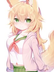  1girl animal_ear_fluff animal_ears bangs blush breasts closed_mouth commentary_request eyebrows_visible_through_hair fox_ears fox_girl fox_tail green_eyes green_sailor_collar green_skirt hair_between_eyes highres large_breasts light_brown_hair long_hair long_sleeves midriff_peek mofuaki navel neckerchief original pleated_skirt red_neckwear sailor_collar school_uniform serafuku shirt simple_background skirt sleeves_past_wrists smile solo tail tail_raised very_long_hair white_background white_shirt 