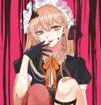  1girl bandage_on_knee bangs brown_hair chocolate chocolate_on_face earrings eyebrows_visible_through_hair finger_licking food food_on_face girls_frontline gloves hair_between_eyes hair_ornament highres jewelry licking long_hair looking_at_viewer maid maid_dress maid_headdress necktie open_mouth orange_eyes ppk_(girls_frontline) ribbon simple_background smile solo thigh-highs 
