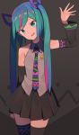  1girl :d alternate_color alternate_costume bare_shoulders black_background black_neckwear black_skirt blue_eyes blue_hair colorful commentary detached_sleeves eyebrows_visible_through_hair grey_background hand_up hatsune_miku head_tilt highres long_hair multicolored multicolored_clothes multicolored_hair necktie open_mouth pin pink_hair simple_background skirt smile smiley_face solo standing striped striped_background striped_legwear thigh-highs thighs tomioka_jirou twintails two-tone_hair upper_body vocaloid waving 