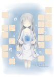  1girl character_request closed_eyes closed_mouth copyright_request dress english_text eyebrows_visible_through_hair long_dress long_hair ribbon silver_hair simple_background tinzing_saamzong water_drop 