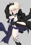  1girl artoria_pendragon_(all) artoria_pendragon_(swimsuit_rider_alter) bangs black_dress black_gloves black_jacket black_legwear blonde_hair blush braid breasts cleavage closed_mouth collarbone dress fate/grand_order fate_(series) french_braid gloves grey_background highres jacket long_hair looking_at_viewer navel open_clothes open_jacket pale_skin simple_background small_breasts solo thighs tiara yellow_eyes yoshiki360 