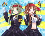  2girls belt breasts brown_hair cleavage commentary_request cowboy_shot crossdressinging gakuran gloves green_eyes green_hair headband jacket looking_at_viewer midriff multiple_girls navel nishida_satono notice_lines open_clothes open_jacket open_mouth osu!_tatakae!_ouendan ouendan pote_(ptkan) sarashi school_uniform teireida_mai touhou violet_eyes white_gloves 