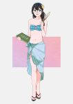  1girl bangs bare_shoulders bikini black_hair book breasts cleavage collarbone commentary eyebrows_visible_through_hair flower full_body glasses green_eyes hair_between_eyes hair_flower hair_ornament hair_over_shoulder hair_ribbon hairband highres holding holding_quill kantai_collection legs long_hair looking_at_viewer navel o-ring o-ring_bikini o-ring_top ojipon ooyodo_(kantai_collection) open_mouth quill ribbon semi-rimless_eyewear shoes simple_background smile solo standing swimsuit symbol_commentary tress_ribbon under-rim_eyewear yellow_flower 