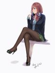  1girl absurdres barefoot black_footwear blue_eyes brown_hair candy food go-toubun_no_hanayome high_heels highres lollipop long_hair nakano_miku pantyhose school_uniform shoes sitting sitting_on_object socks soles solo thigh-highs white_background zeng 