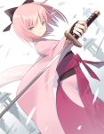  1girl arm_guards bangs black_bow bow closed_mouth commentary_request dutch_angle eyebrows_visible_through_hair fate/grand_order fate_(series) gradient gradient_background grey_background grey_eyes hair_bow hakama holding holding_sword holding_weapon japanese_clothes katana kimono koha-ace long_sleeves looking_at_viewer okita_souji_(fate) okita_souji_(fate)_(all) pink_hair pink_kimono red_hakama sleeves_past_wrists solo sword weapon white_background wide_sleeves yura_(botyurara) 