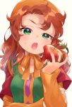  1girl apple breasts commentary_request curly_hair dragon_quest dragon_quest_vii dress food fruit green_eyes hat highres hood jewelry long_hair looking_at_viewer maribel_(dq7) open_mouth redhead ring simple_background solo white_background yupiteru 