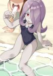  2girls beach black_swimsuit breasts covered_navel eyeshadow feet_out_of_frame food hair_over_one_eye highres kagari_atsuko little_witch_academia long_hair makeup melting multiple_girls one-piece_swimsuit open_mouth pale_skin popopo popsicle purple_hair red_eyes sharp_teeth sitting solo_focus sucy_manbavaran swimsuit teeth 