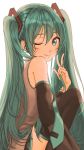  1girl ;) backlighting bare_shoulders blue_eyes blue_hair blue_neckwear detached_sleeves grey_shirt hair_between_eyes hand_in_hair happy hatsune_miku highres long_hair looking_at_viewer mo_nya_ra_(38945118) necktie one_eye_closed shirt simple_background skirt sleeveless sleeveless_shirt smile solo thigh-highs thighs twintails upper_body v very_long_hair vocaloid white_background 