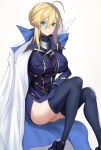  ahoge artoria_pendragon_(all) artoria_pendragon_(lancer) breasts cape fate/grand_order fate_(series) green_eyes high_heels large_breasts leggings sitting 