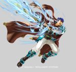  1boy armor blue_eyes cape fingerless_gloves fire_emblem fire_emblem:_akatsuki_no_megami fire_emblem:_souen_no_kiseki full_body gloves headband holding holding_sword holding_weapon ike kita_senri looking_at_viewer nintendo official_art pants simple_background solo standing sword weapon white_pants 