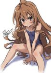  1girl aisaka_taiga blue_swimsuit brown_eyes brown_hair collarbone competition_school_swimsuit feet_out_of_frame flat_chest highres long_hair looking_at_viewer pout puma_(hyuma1219) school_swimsuit shadow signature simple_background sitting solo swimsuit toradora! tsurime v_arms white_background 