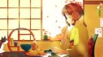  1girl album_cover autumn_leaves bamboo blue_eyes brown_hair cat chair cover cup day food headphones indoors japanese_clothes kimono mug official_art profile short_hair solo table twin-mix yellow_kimono 