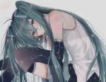  1girl 2019 bare_shoulders black_skirt blue_eyes blue_hair blue_neckwear blush character_name copyright_name dated detached_sleeves english_text expressionless eyebrows_visible_through_hair grey_background hair_between_eyes hands_on_own_knees hatsune_miku heart highres ichijiku_(user_yhjw8354) leaning_forward long_hair necktie number_tattoo shirt shoulder_tattoo simple_background skirt solo tattoo text_focus thigh-highs twintails very_long_hair vocaloid white_shirt 