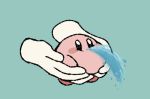  1other aqua_background black_eyes blush_stickers disembodied_hands fish_spitting_water hal_laboratory_inc. holding hoshi_no_kirby kirby kirby_(series) meme mikan_38knight nintendo simple_background solo water 