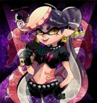  +_+ 1girl aori_(splatoon) black_gloves black_shorts cowboy_shot domino_mask earrings gloves gradient_hair hair_rings hand_on_hip hand_up highres holding holding_eyewear isamu-ki_(yuuki) jewelry legs_apart legwear_under_shorts long_hair mask mole mole_under_eye multicolored_hair navel octarian octocopter octotrooper panties pantyhose pink_hair pink_panties pointy_ears puffy_short_sleeves puffy_sleeves purple_hair purple_legwear short_sleeves shorts signature smile splatoon splatoon_(series) splatoon_2 spoilers sunglasses symbol-shaped_pupils tattoo tentacle_hair tentakook thong tongue tongue_out two-tone_hair underwear very_long_hair yellow_eyes 