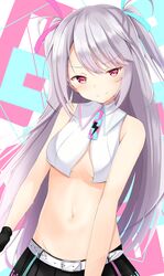  1girl bare_shoulders belt black_gloves breasts crop_top doyachii gloves hair_ribbon highres long_hair looking_at_viewer midriff navel no_bra otomata_ruka pink_eyes ribbon ruka_ch. sidelocks silver_hair sleeveless small_breasts solo stomach two_side_up virtual_youtuber 