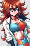  1girl adapted_costume android_21 black-framed_eyewear blue_eyes bra breasts brown_hair checkered checkered_bra cleavage closed_mouth collarbone commentary_request curly_hair detached_sleeves dragon_ball dragon_ball_fighterz dress glasses labcoat long_hair looking_at_viewer medium_breasts navel simple_background smile sports_bra st62svnexilf2p9 underwear upper_body very_long_hair 