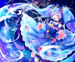  1girl :d black_gloves blue_bow blue_hair blue_shirt blue_skirt blue_sleeves bow choker closed_eyes detached_sleeves eyebrows_visible_through_hair fingerless_gloves floating_hair gloves hair_bow hatsune_miku highres holding holding_wand layered_skirt long_hair long_skirt long_sleeves open_mouth ribbon_choker shiny shiny_hair shirayuki_towa shirt skirt sleeveless sleeveless_shirt smile snowflakes solo striped striped_bow twintails very_long_hair vocaloid wand wide_sleeves 