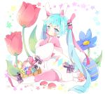  1girl animal animal_ears basket blue_eyes blue_flower blue_hair blush boots bow closed_mouth commentary detached_sleeves easter_egg egg english_commentary fake_animal_ears flower hairband hatsune_miku highres knee_boots long_hair long_sleeves multicolored multicolored_eyes pantyhose pink_eyes pink_legwear pink_shirt puffy_long_sleeves puffy_sleeves purple_bow rabbit rabbit_ears red_flower shirt short_jumpsuit sitting solo star striped striped_bow tsukiyo_(skymint) twintails very_long_hair vocaloid white_background white_footwear white_hairband white_jumpsuit white_sleeves 