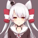  1girl amatsukaze_(kantai_collection) bangs black_choker black_headwear blush brown_background brown_shirt choker collarbone commentary_request grey_hair grey_neckwear hair_tubes hat jampen kantai_collection lifebuoy long_hair looking_at_viewer mini_hat neckerchief orange_eyes parted_bangs parted_lips sailor_collar shirt simple_background solo two_side_up upper_body windsock 