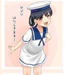  1girl black_hair blue_sailor_collar brown_eyes brown_hair commentary_request dress eyebrows_visible_through_hair hair_between_eyes hat hiburi_(kantai_collection) highres kantai_collection looking_at_viewer low_ponytail open_mouth ponytail ryuun_(stiil) sailor_collar sailor_dress sailor_hat short_hair short_sleeves simple_background smile solo translated white_dress white_headwear 