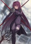  absurdres bare_tree bodysuit breasts clouds cloudy_sky covered_navel dual_wielding fate/grand_order fate_(series) gae_bolg hair_intakes highres holding holding_weapon large_breasts leotard long_hair looking_to_the_side nekobell outdoors pauldrons polearm purple_bodysuit purple_hair purple_leotard red_eyes scathach_(fate)_(all) scathach_(fate/grand_order) shoulder_armor sky spear tree volcano weapon 