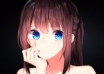  1girl aa_(sin2324) arm_support bangs black_background blue_eyes blush brown_hair closed_mouth collarbone commentary_request eyebrows_visible_through_hair fingernails hair_between_eyes hakama-chan_(aa) hand_up head_in_hand long_hair original ponytail portrait smile solo 