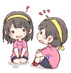  ! 2girls :d akb48 artist_name bangs black_eyes black_hair black_shorts blush_stickers chibi commentary_request hachimaki headband knees_up leg_hug long_hair mole_above_mouth multiple_girls murayama_yuiri notice_lines o_o okada_nana open_mouth pink_shirt real_life seiza shirt short_hair short_sleeves shorts simple_background sitting smile taneda_yuuta white_background 