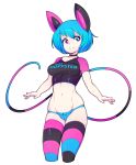  1girl animal_ears black_choker blue_eyes blue_hair breasts choker clothes_writing eyebrows_visible_through_hair heterochromia highres looking_to_the_side medium_breasts midriff mismatched_legwear navel original pink_eyes short_hair short_sleeves simple_background slugbox smile solo striped striped_legwear striped_tail tail thigh-highs vomi_agogo white_background 