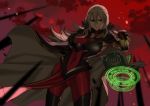 1girl alternate_costume black_gloves book breasts cape closed_mouth clouds ebinku fingerless_gloves fire_emblem fire_emblem_heroes floating floating_book floating_object gloves grey_hair hair_ornament highres large_breasts long_hair magic_circle nintendo open_book red_eyes red_sky sky solo thrasir_(fire_emblem) 