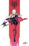  1girl absurdres artist_request axe blonde_hair blue_eyes cape cravat edelgard_von_hresvelgr_(fire_emblem) fire_emblem fire_emblem:_three_houses gloves hair_ornament hair_ribbon highres long_hair looking_at_viewer nintendo pantyhose red_cape ribbon simple_background smile solo uniform weapon white_background 