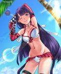  1girl aona_(kuuga19yuu) bangs bikini blue_eyes blue_sky blunt_bangs breasts center_opening choker cleavage clouds commentary_request cross cross_necklace earrings fate/grand_order fate_(series) frilled_bikini frills gauntlets gloves jewelry large_breasts navel necklace palm_tree purple_hair red_gloves saint_martha saint_martha_(swimsuit_ruler)_(fate) sky smile solo straight_hair swimsuit thigh_strap tree 