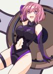  1girl :d arm_up bare_shoulders black_leotard blush breasts dutch_angle elbow_gloves fate/grand_order fate_(series) gloves grey_background holding_shield impossible_clothes impossible_leotard large_breasts leotard looking_at_viewer mash_kyrielight navel navel_cutout open_mouth oversized_object pink_hair purple_gloves purple_leotard reibun_(raven1119) shield short_hair simple_background skindentation smile solo thigh_strap thighs upper_teeth violet_eyes 