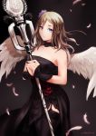  1girl artist_name bare_shoulders black_background black_dress black_legwear blue_eyes breasts brown_hair chiean cleavage closed_mouth dated dragon_nest dress elestra feathered_wings feathers female flower garter_straps hair_between_eyes hair_flower hair_ornament hands_together holding holding_staff light_smile lips long_hair looking_at_viewer solo staff standing strapless strapless_dress thigh-highs white_feathers white_wings wings 