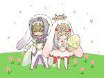  1boy 1girl animal_ears artist_name ayawo brother_and_sister chibi closed_mouth dark_skin dark_skinned_male dress easter_egg egg fake_animal_ears fire_emblem fire_emblem_heroes gloves grey_hair hair_ornament holding long_hair long_sleeves mask mysterious_man_(fire_emblem) nintendo pants rabbit_ears short_dress short_hair siblings standing veronica_(fire_emblem) white_gloves white_pants 