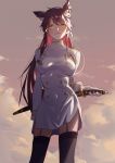 1girl animal_ears atago_(azur_lane) azur_lane black_legwear breasts brown_hair clouds day dress from_below garter_straps gloves grey_sky hair_between_eyes highres holding holding_sword holding_weapon krin looking_at_viewer medium_breasts military military_uniform multicolored_hair outdoors pink_hair sheath sheathed shiny shiny_hair short_dress side_slit solo standing sword thigh-highs two-tone_hair uniform weapon white_dress white_gloves wolf_ears yellow_eyes zettai_ryouiki 