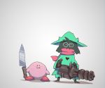  1boy 1other closed_mouth crossover deltarune gatling_gun glasses gradient gradient_background grey_background hal_laboratory_inc. hat highres hoshi_no_kirby hoshi_no_kirby_(game) kirby kirby_(series) knife looking_at_viewer meme monster nintendo pink_puff_ball ralsei red_miso robe round_eyewear scarf smile super_smash_bros. toby_fox_(publisher) trait_connection what 